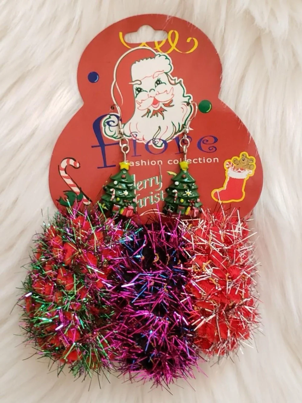 Bold Christmas tree statement piece earrings and tinsel scrunchie set.